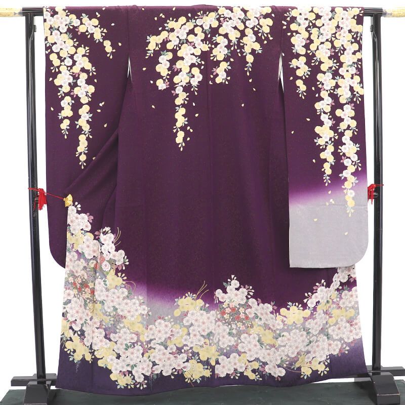 【正絹・仕立て上がり】 振袖 紫 桜 古典 成人式 前撮り C57 振袖 長襦袢付き 2点セット 成人式 振り袖 正絹 紫 桜 扇文 古典柄