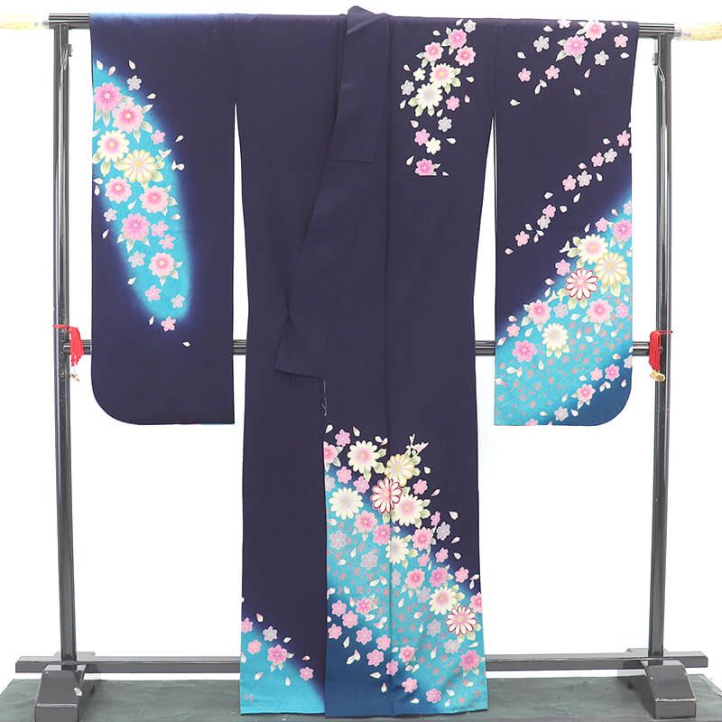 振袖 長襦袢付き 2点セット 成人式 振り袖 正絹 紺 花柄 身丈169.5cm