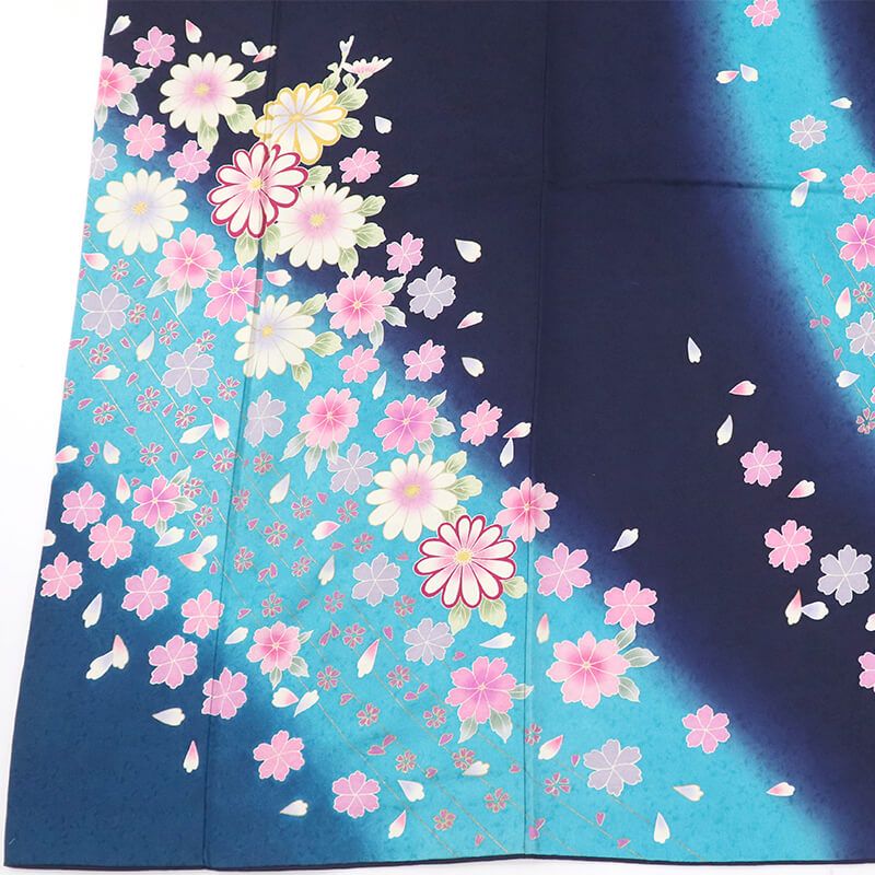 振袖 長襦袢付き 2点セット 成人式 振り袖 正絹 紺 花柄 身丈169.5cm