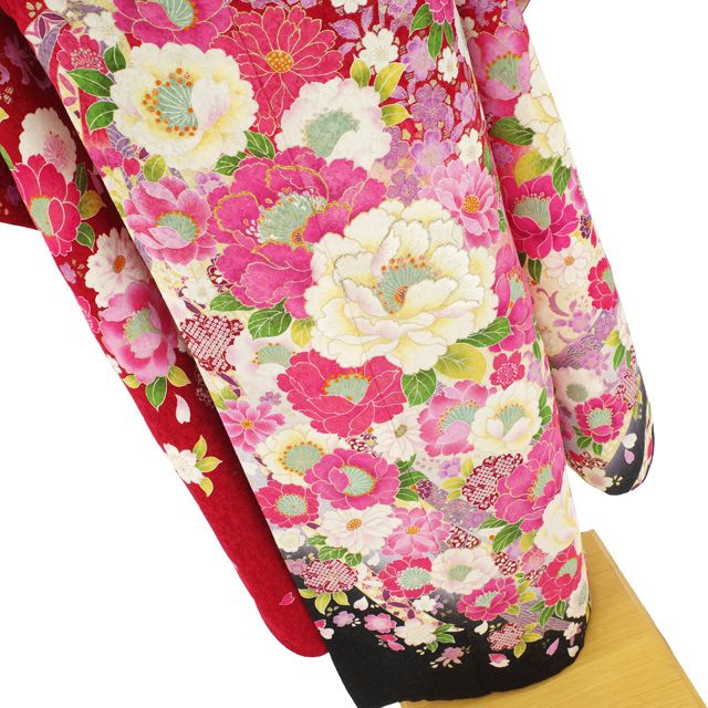 中古】 すごい値！ 振袖 リサイクル 袷 着物 正絹 赤 牡丹 桜 花 銀