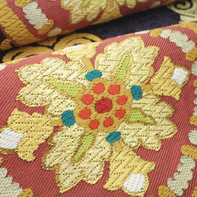 すごい値！ 袋帯 フォーマル 未使用 正絹 西陣 リヨン織物美術館 黒紫 草花 菱 皇帝の花冠 黄玉 美品 新古 仕立て上がり みやがわ neb01604 新古品】 すごい値！ 袋帯 フォーマル 未使用 正絹 西陣 リヨン織物