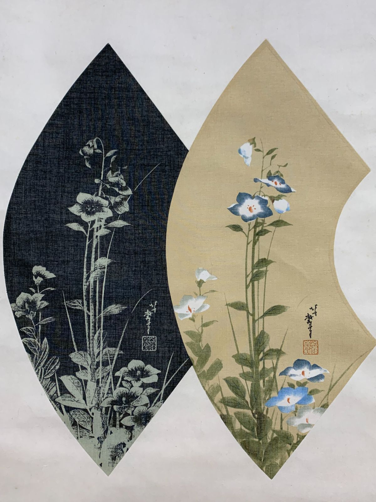 【真作】掛軸　扇面和歌図　詩情漂う墨画とかな書　風雅な一幅　S56 作品詳細: 明正天皇宸筆和歌木版彩色刷模様入料紙風雅和歌集巻第二十賀歌