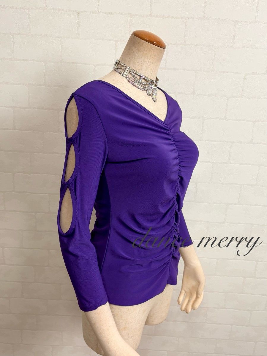 新品 社交ダンス トップス 紫 Vネック ラテン レッスン ギャザー 2522