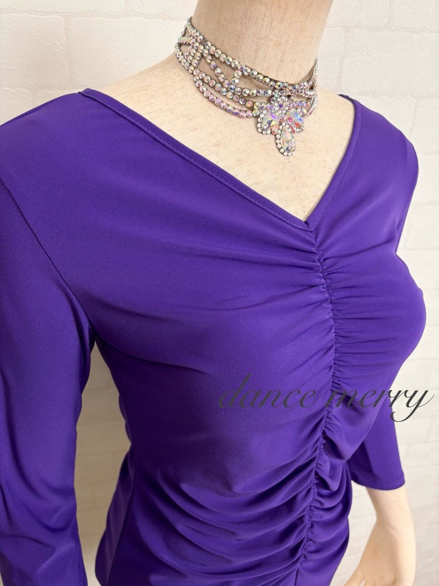 新品 社交ダンス トップス 紫 Vネック ラテン レッスン ギャザー 2522