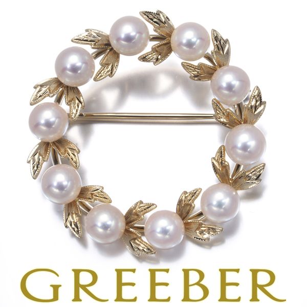 ミキモト ブローチ パール 真珠 5.5mm リーフ リース サークル K14YG