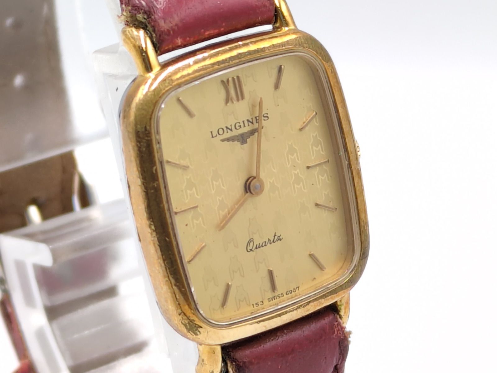 LONGINES ロンジン クォーツ 腕時計 スクエア ゴールド文字盤 革ベルト