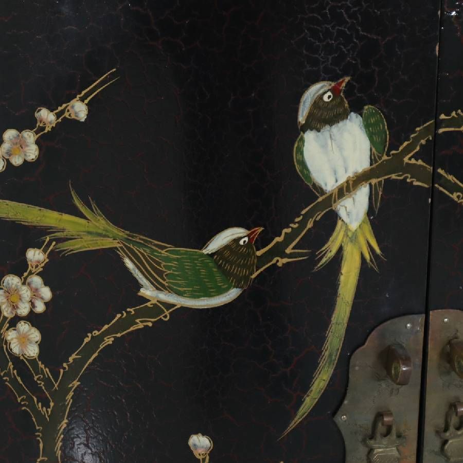 中国美術 シノワズリ ハンドペイント 花鳥図 黒塗り 猫脚 コーナー