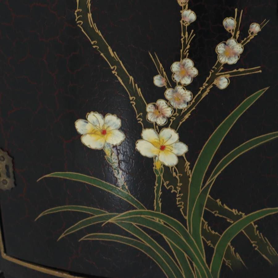 中国美術 シノワズリ ハンドペイント 花鳥図 黒塗り 猫脚 コーナー