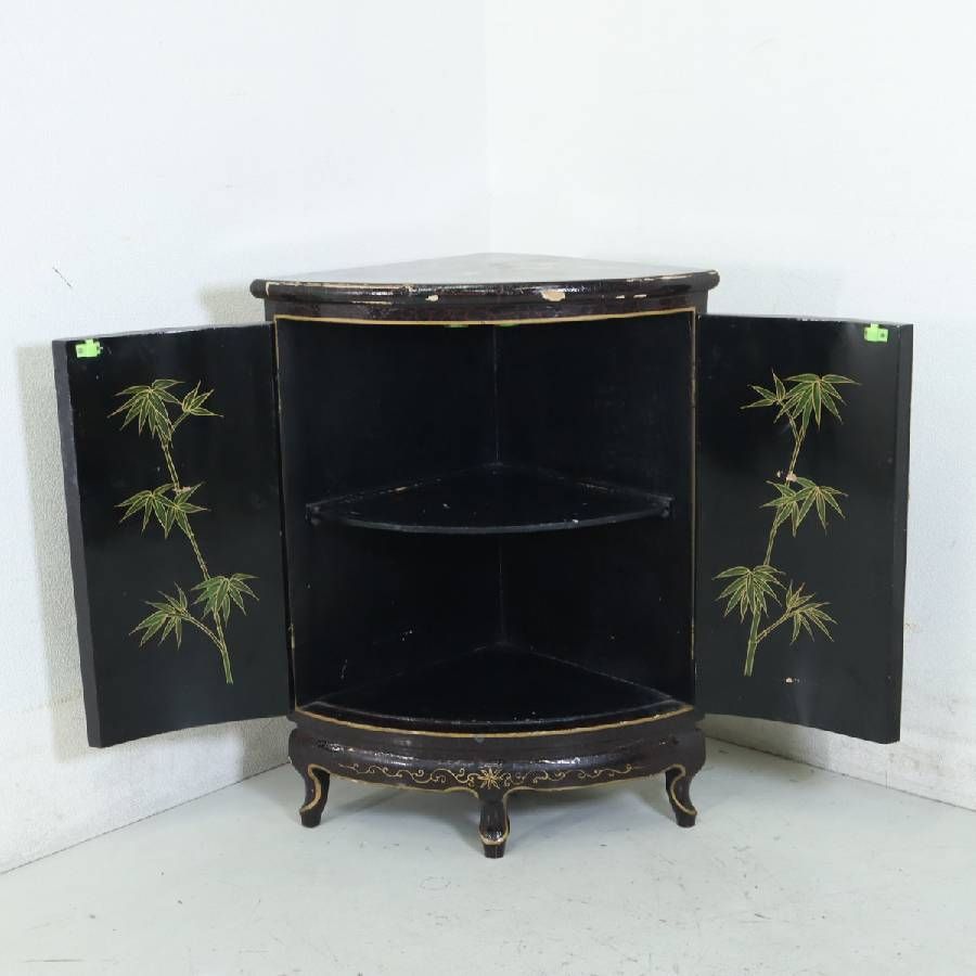 中国美術 シノワズリ ハンドペイント 花鳥図 黒塗り 猫脚 コーナー