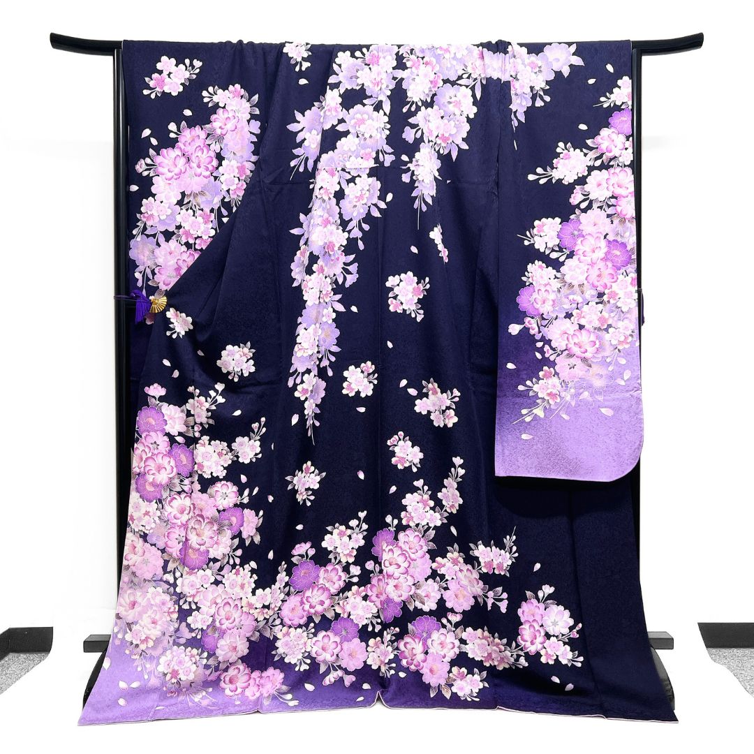 振袖 裾暈し 八重桜 桜地紋 振袖 八重桜 枝垂れ桜 刺繍 グラデーション 晴れの日 着物 124b d ms