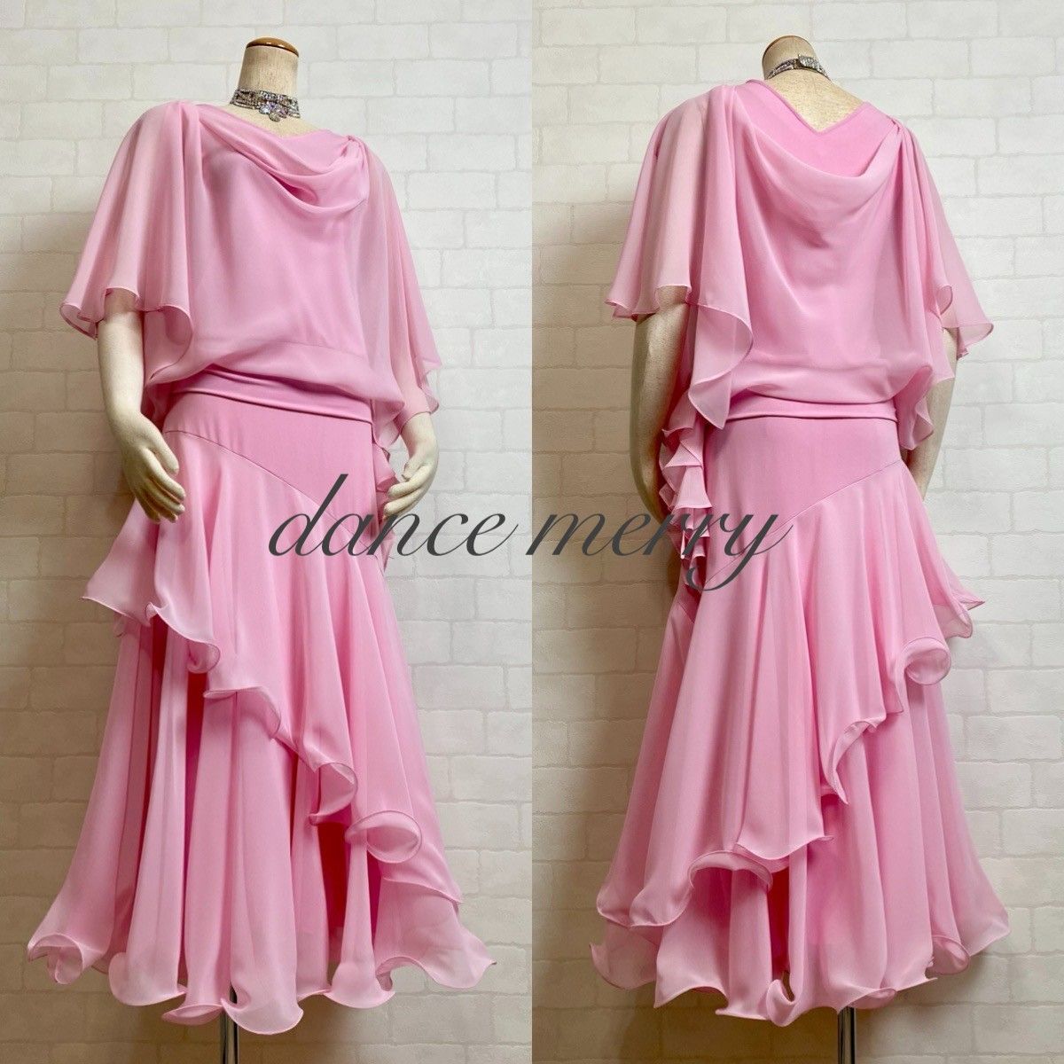 新品 社交ダンス ツーピース ワルツ 薄 ピンク セットアップ 衣装 2839