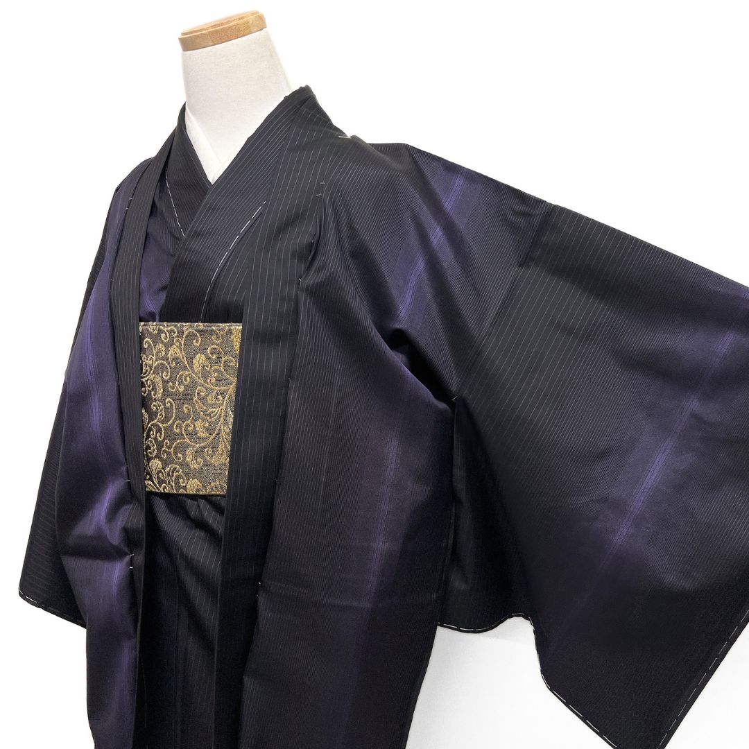 未着用 小紋 染め大島紬 アンサンブル 縦縞 モード 着物 124b d ms