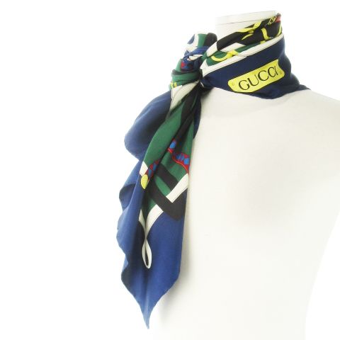 グッチ GUCCI スカーフ 絹 シルク 緑 グリーン 紺 ネイビー ロゴ