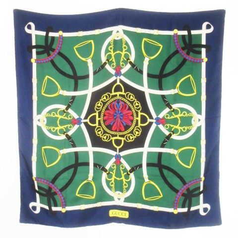 GUCCI　シルクスカーフ　紺×グリーン　オールドグッチ・ビンテージ GUCCI シルクスカーフ 紺×グリーン オールドグッチ・ビンテージ GUCCI