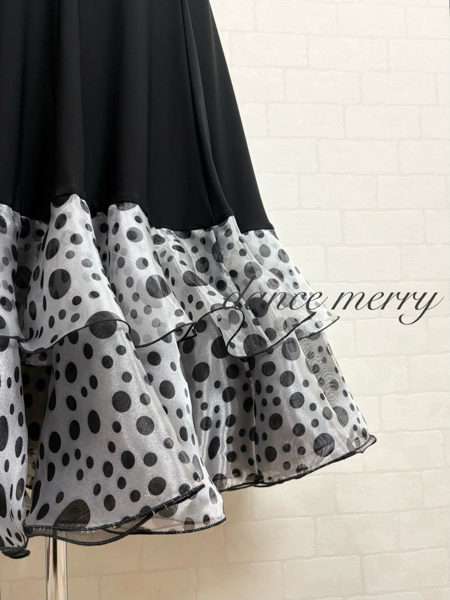 新品 社交ダンス ツーピース セットアップ パーティ 黒 白 水玉 2017