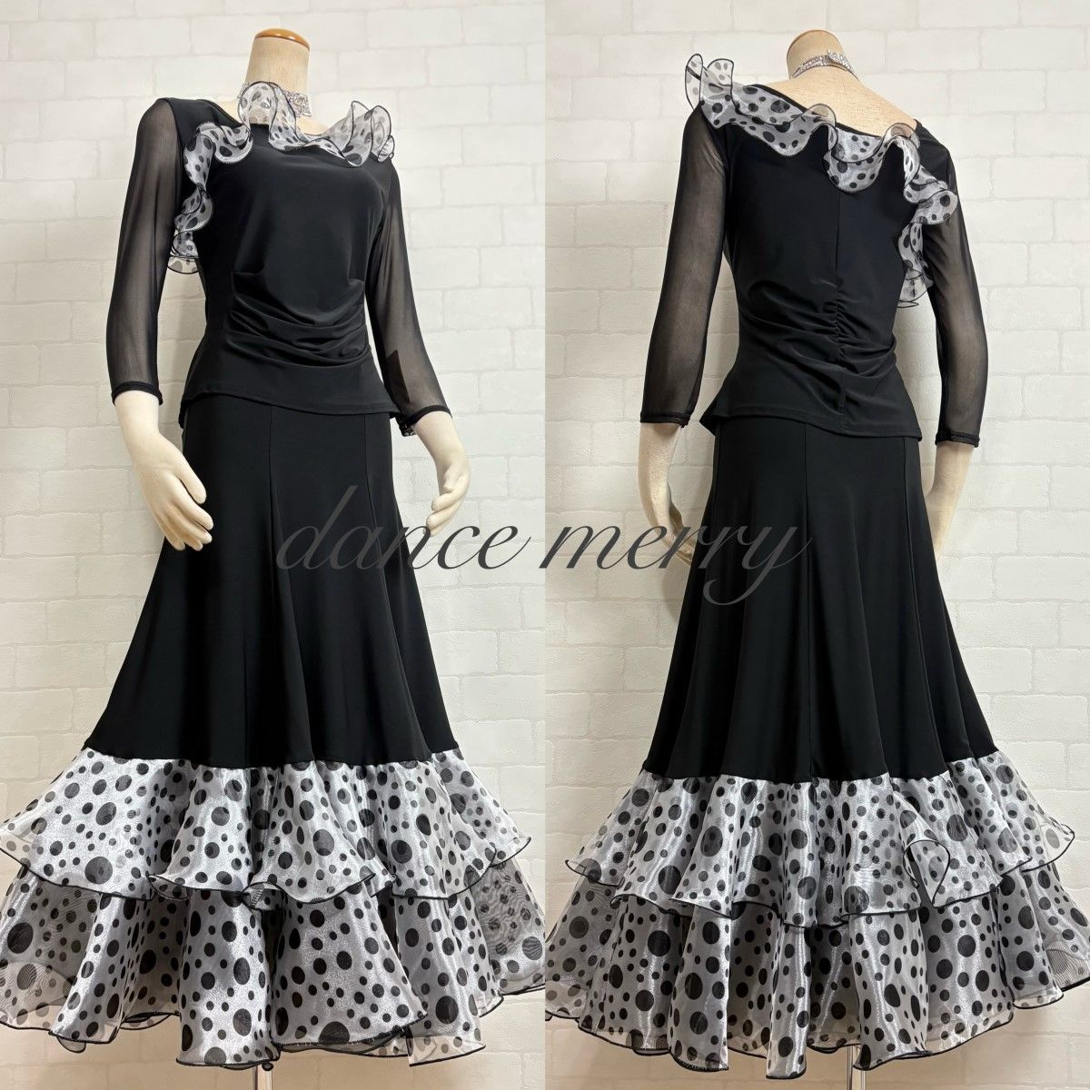 新品 社交ダンス ツーピース セットアップ パーティ 黒 白 水玉 2017