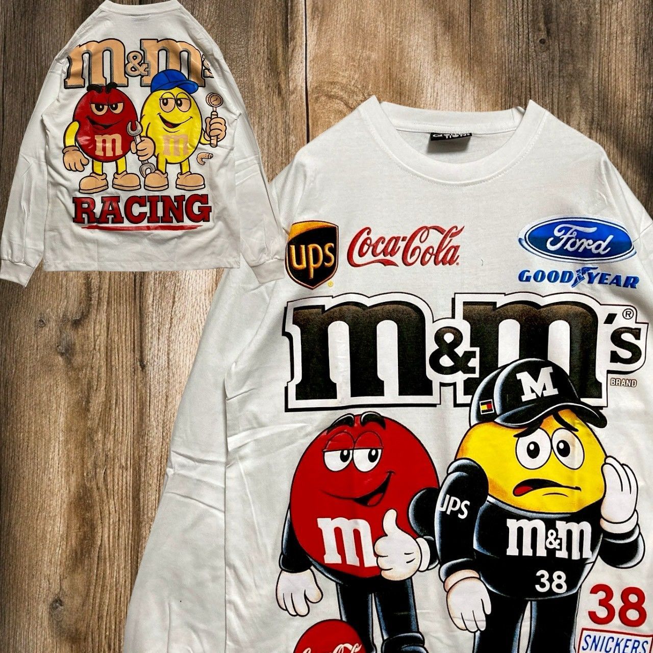 BSLA キャラ Tシャツ　長袖　ロンT  ビンテージ　古着   白 m&m's エムアンドエムズ アドバタイジング　チョコレート　お菓子　レーシング 車 F1　袖プリント　フォード　Ford コカコーラ スニッカーズ XL相当サイズ  3980  p10