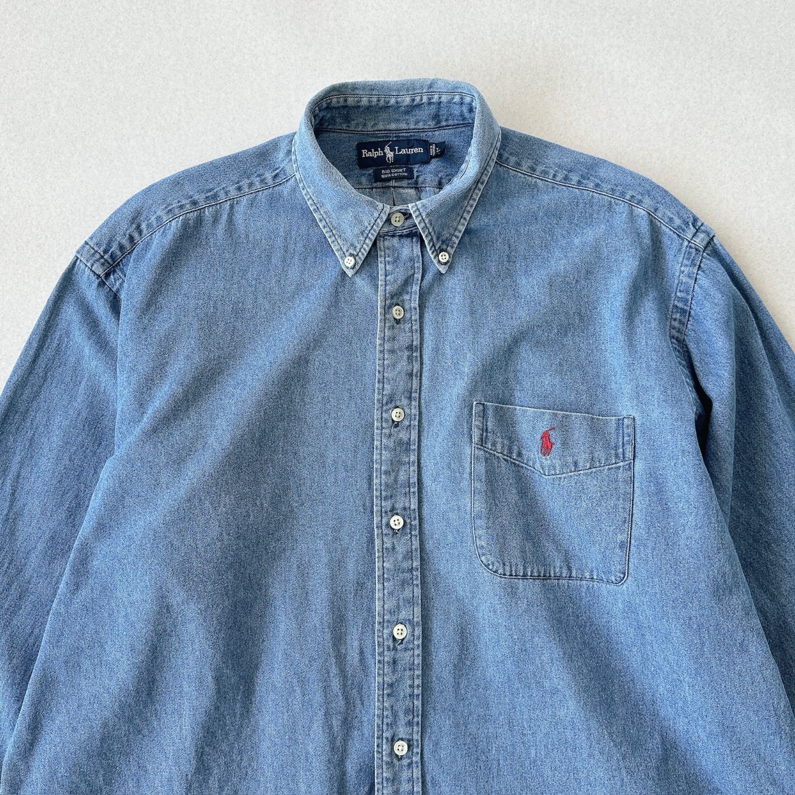 90s old Ralph Lauren デニムBDシャツ BIG SHIRT BIG FIT Lサイズ