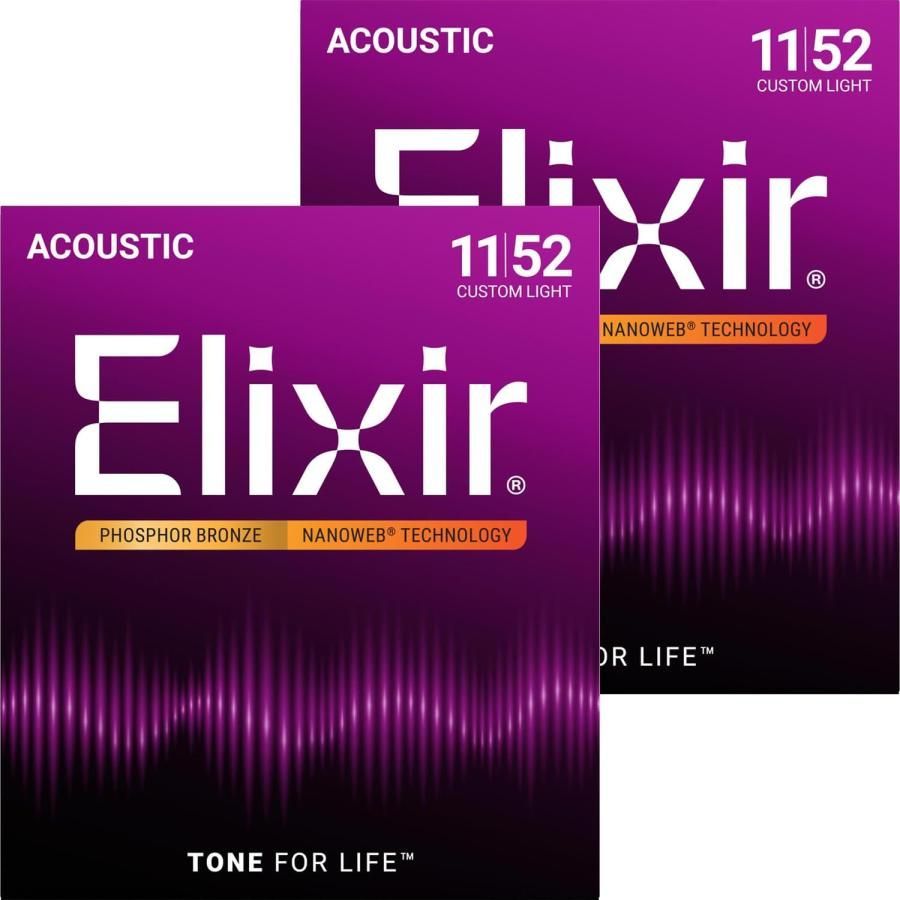 【お買い得 ２個セット】Elixir エリクサー アコースティックギター弦 16027 PHOSPHOR BRONZE NANOWEB CUSTOM LIGHT 11-52 正規品