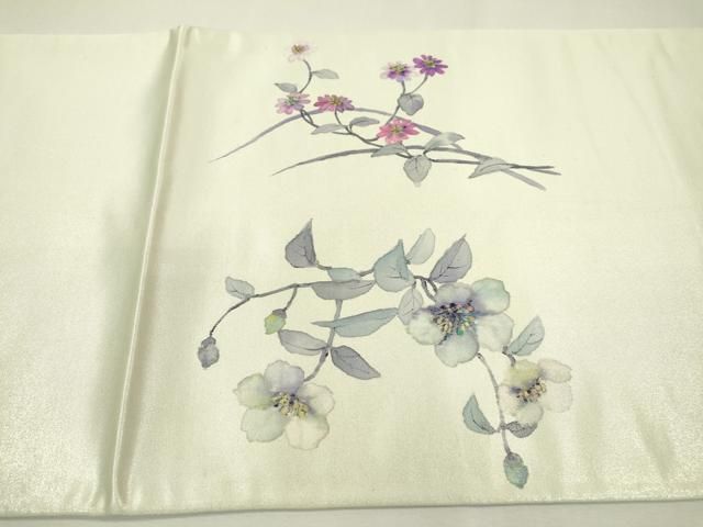 平和屋着物○太鼓柄袋帯 エ霞草花文 銀通し地 正絹 逸品