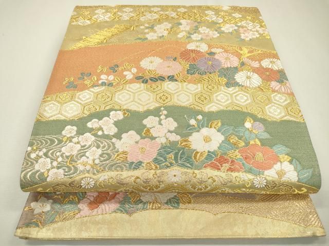 A23 新品未使用　全通袋帯　引箔　ゴールド花　リバーシブル　丸見屋　美品 平和屋着物▽六通柄袋帯 唐織 吉祥草花文 金糸 引箔 正絹 逸品