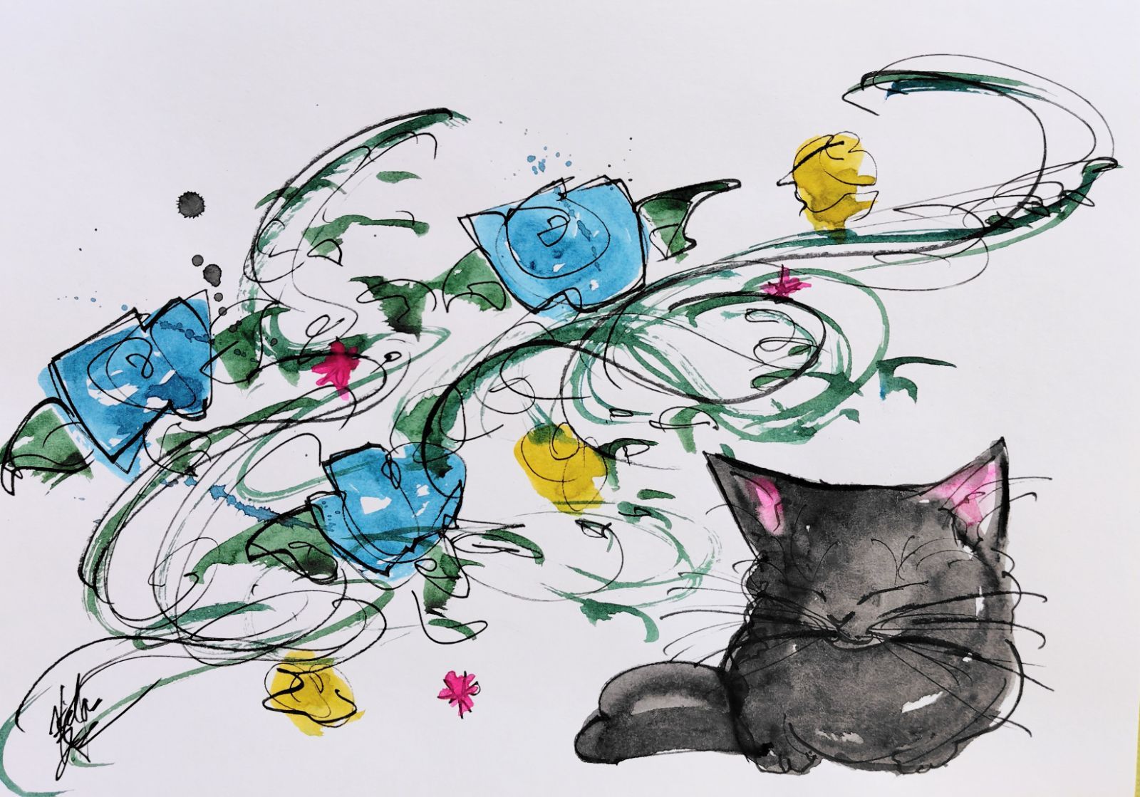 原画#3097　黒猫　猫　薔薇　花　水彩画　ドローイング　インテリア　アート　絵 原画#3097 黒猫 猫 薔薇 花 水彩画 ドローイング インテリア アート 絵
