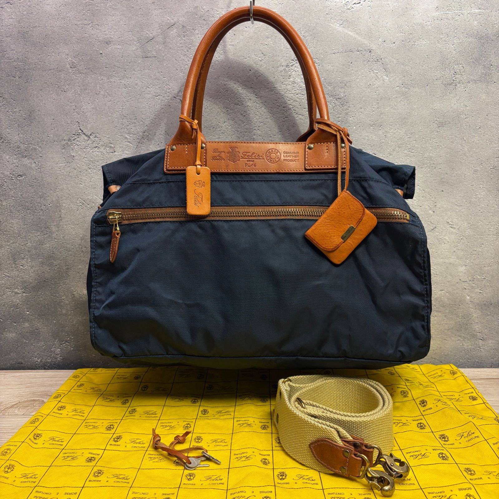 美品 フェリージ P4/6 ネイビー ボストンバッグ 旅行用バッグ Felisi