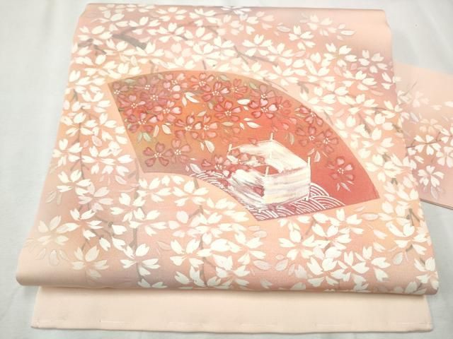 平和屋着物●塩瀬　九寸名古屋帯　手描き　地紙枝桜文　金彩　正絹　逸品　CABB9277hy 平和屋着物○塩瀬 九寸名古屋帯 手描き 地紙枝桜文 金彩