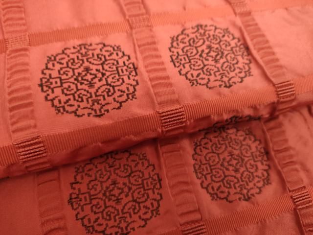 平和屋着物○銀座きしや 六通柄袋帯 格子花丸文 えんじ色 たとう紙付き