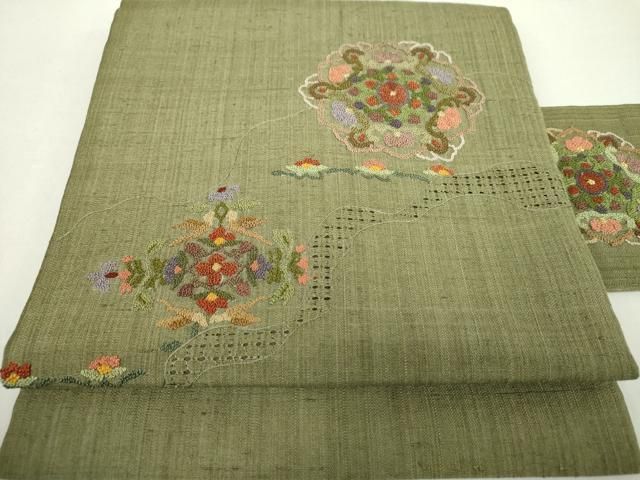 相良刺繍 汕頭刺繍 名古屋帯 紬地 グリーン 正絹 平和屋着物○中国三大刺繍 スワトウ相良刺繍 汕頭相良刺繍 総刺繍