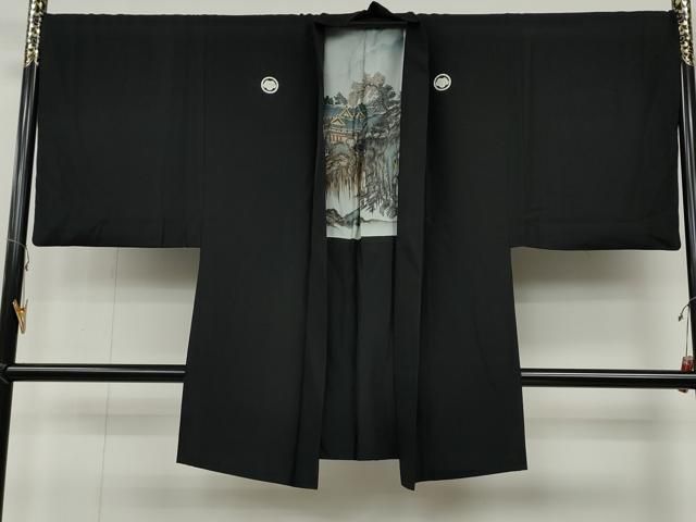 平和屋着物○男性 黒紋付 羽織セット 羽裏：風景文 正絹 逸品