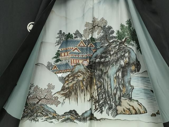 平和屋着物○男性 黒紋付 羽織セット 羽裏：風景文 正絹 逸品