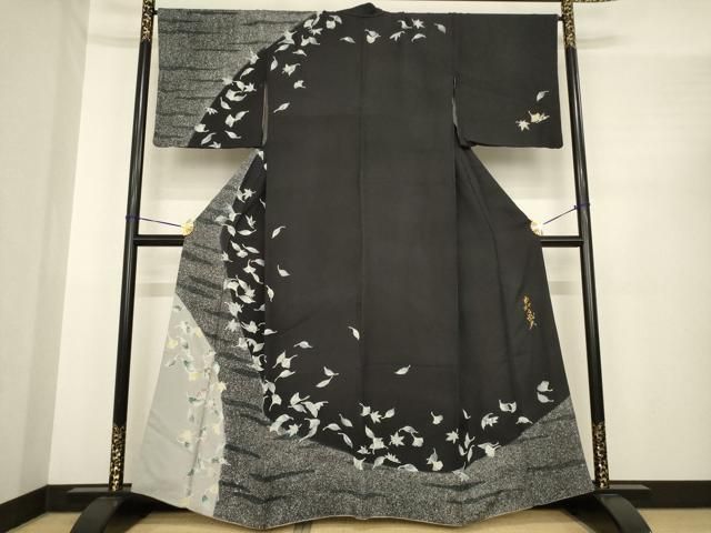 平和屋着物○皇室デザイナー 中村乃武夫 訪問着 舞葉文 黒地 やまと誂