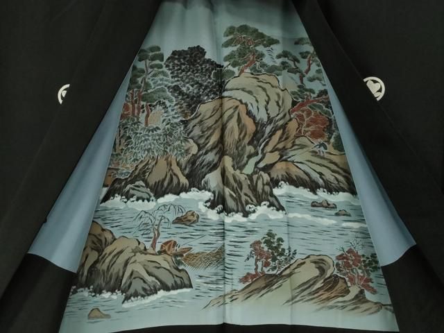 平和屋着物○男性 黒紋付 羽織セット 羽裏：浜松文 正絹 逸品