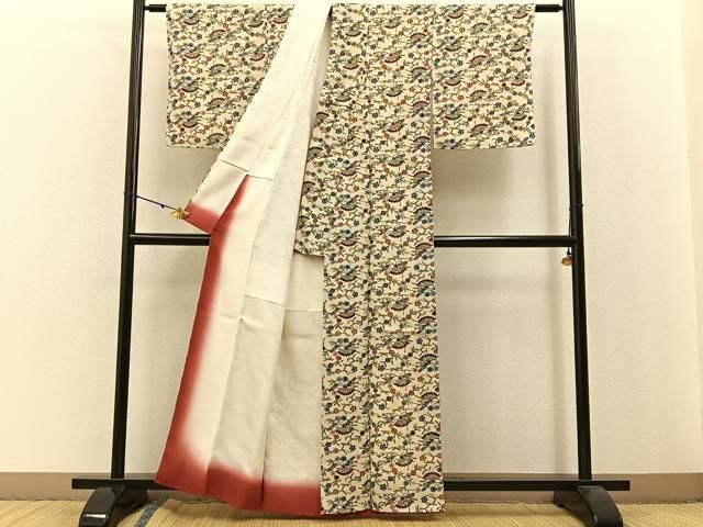 平和屋着物●本場琉球紅型　小紋　扇面花唐草文　正絹　逸品　未使用　BAAW0894hj 平和屋着物○本場琉球紅型 小紋 扇面花唐草文 正絹 逸品 未使用