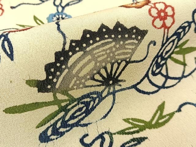平和屋着物●本場琉球紅型　小紋　扇面花唐草文　正絹　逸品　未使用　BAAW0894hj 平和屋着物○本場琉球紅型 小紋 扇面花唐草文 正絹 逸品 未使用