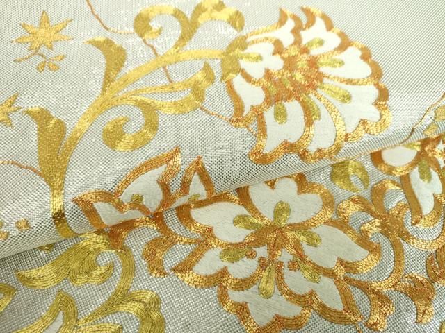 平和屋着物○西陣 川島織物 太鼓柄袋帯 駒刺繍 総刺繍 更紗花鳥文 金