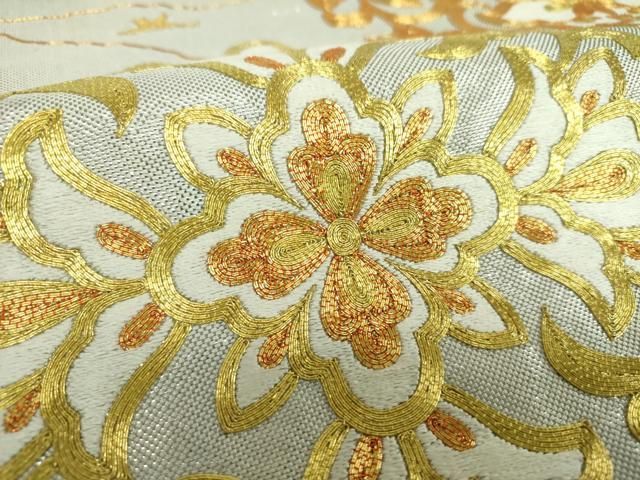 平和屋着物○西陣 川島織物 太鼓柄袋帯 駒刺繍 総刺繍 更紗花鳥文 金