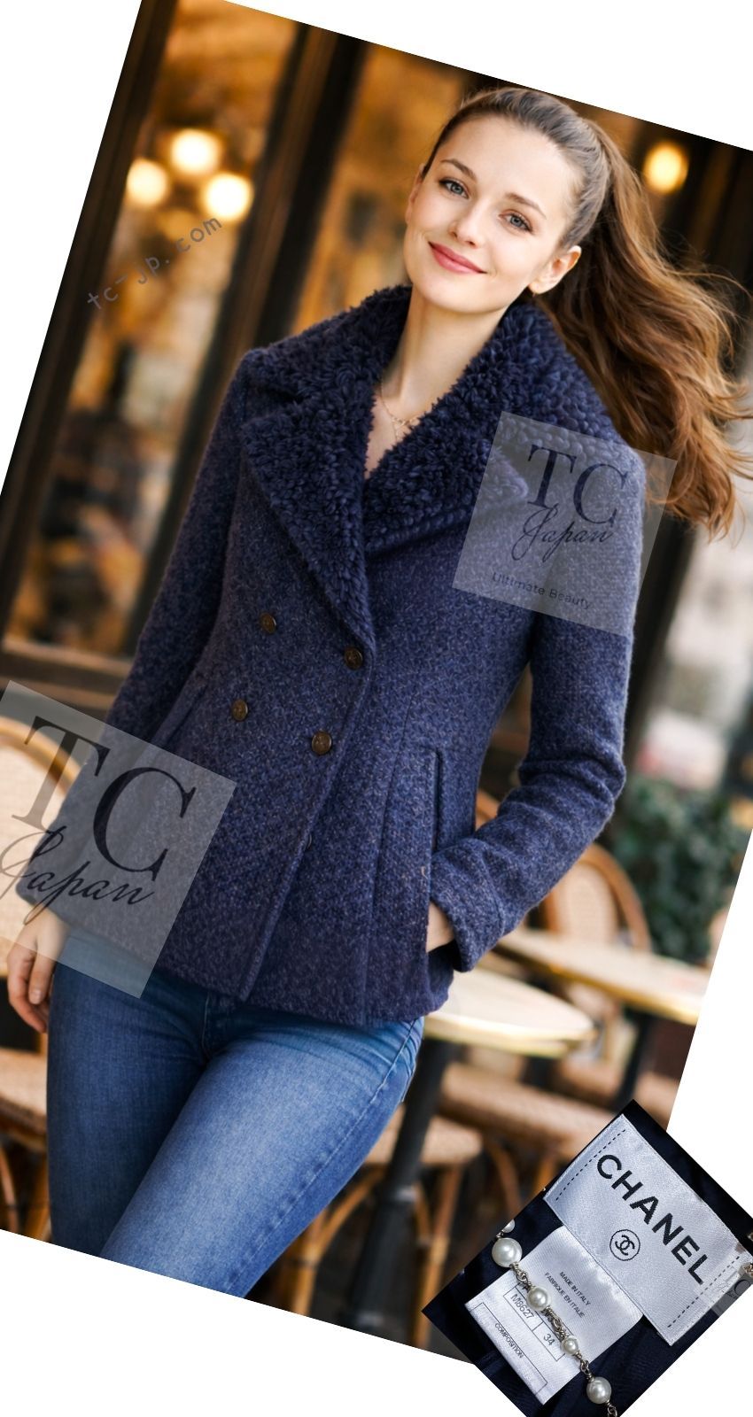 シャネル コート ジャケット CHANEL ネイビー ボア襟付き ウール