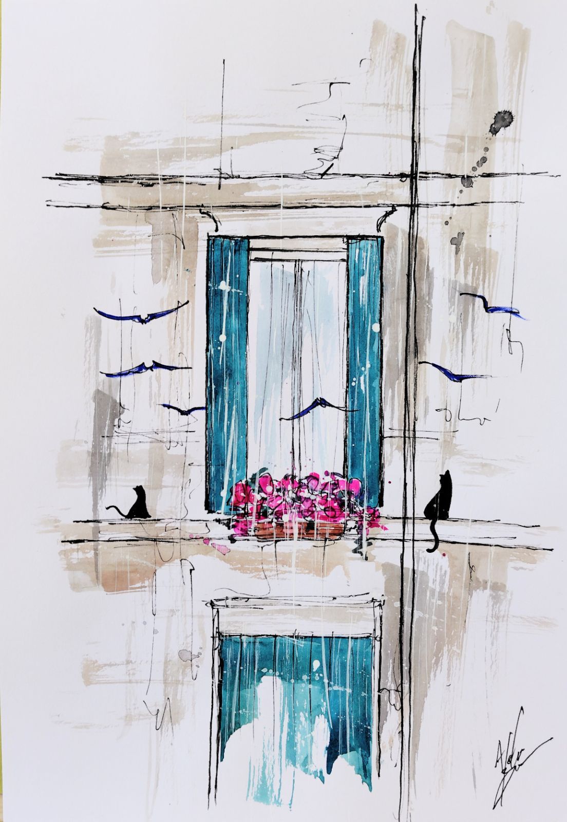 原画#3237 雨　ベネチア　イタリア　水彩画　ドローイング　インテリア　風景画 原画#3237 雨 ベネチア イタリア 水彩画 ドローイング インテリア 風景