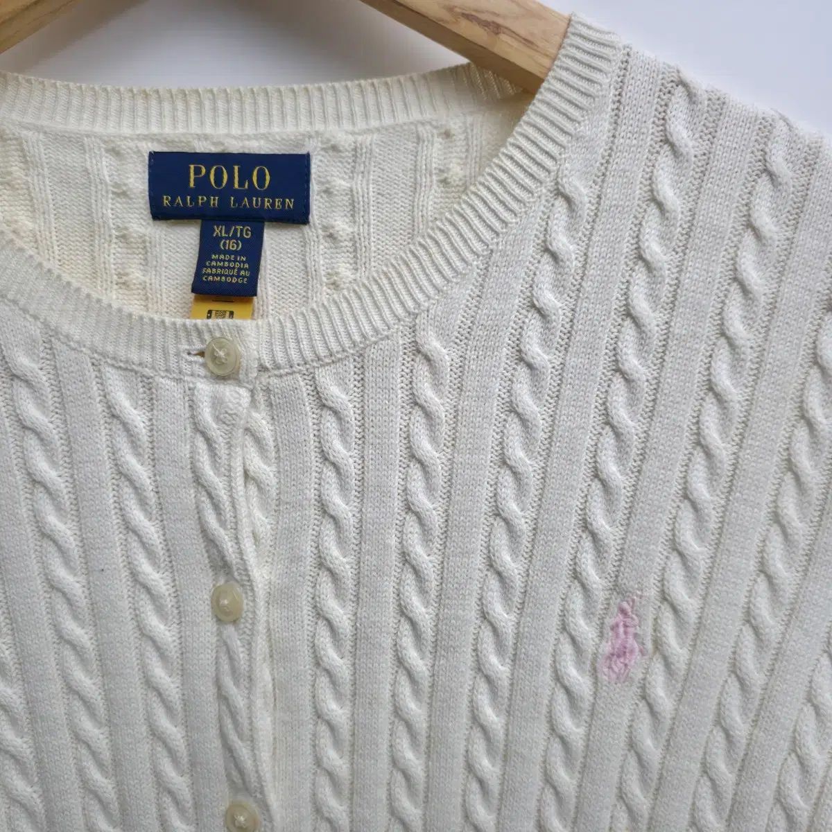 S ポロラルフローレン ケーブル ピンクポニー カーディガン アイボリー
