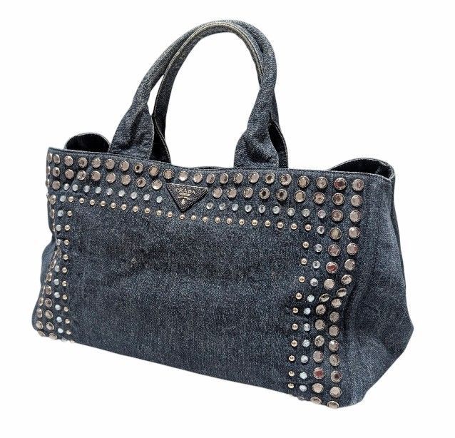 美品 プラダ カナパ 2way トート 三角ロゴ デニム ビジュー スタッズ 紺 美品 プラダ カナパ 2way トート 三角ロゴ デニム ビジュー スタッズ