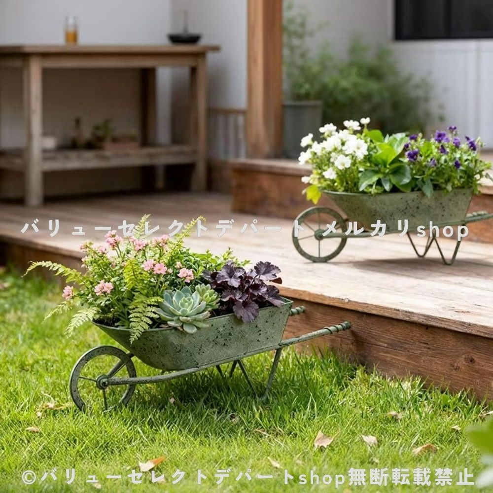 アイアンガーデンプランター　レトロ鉄物入れ プランター アイアン製 一輪車 花瓶 ガーデン飾り カート型 鉄製