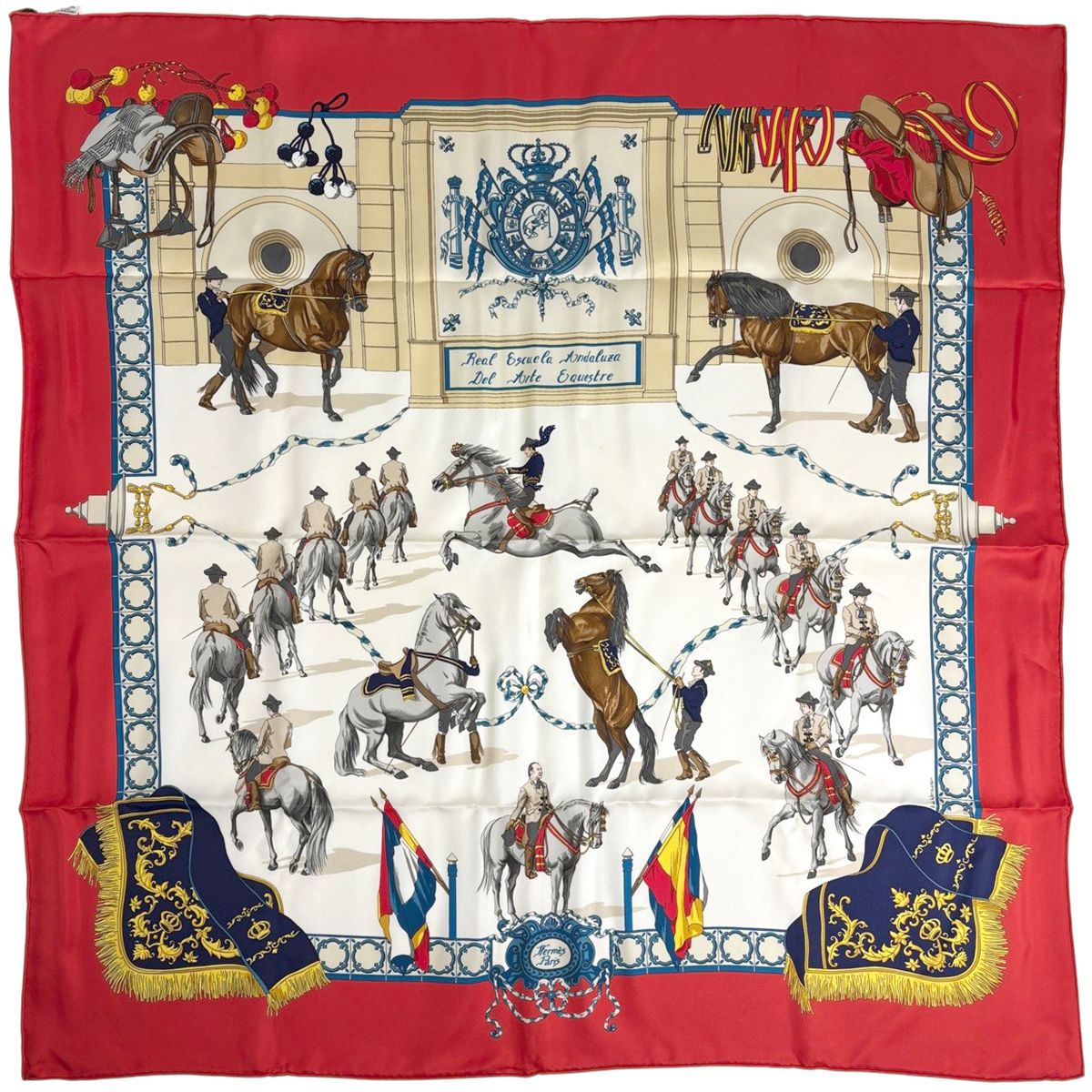 HERMES/エルメス カレ90 アンダルシア馬術学校 スカーフ i_027 HERMES エルメス カレ90 王立アンダルシア馬術学校 グリーン×イエロー