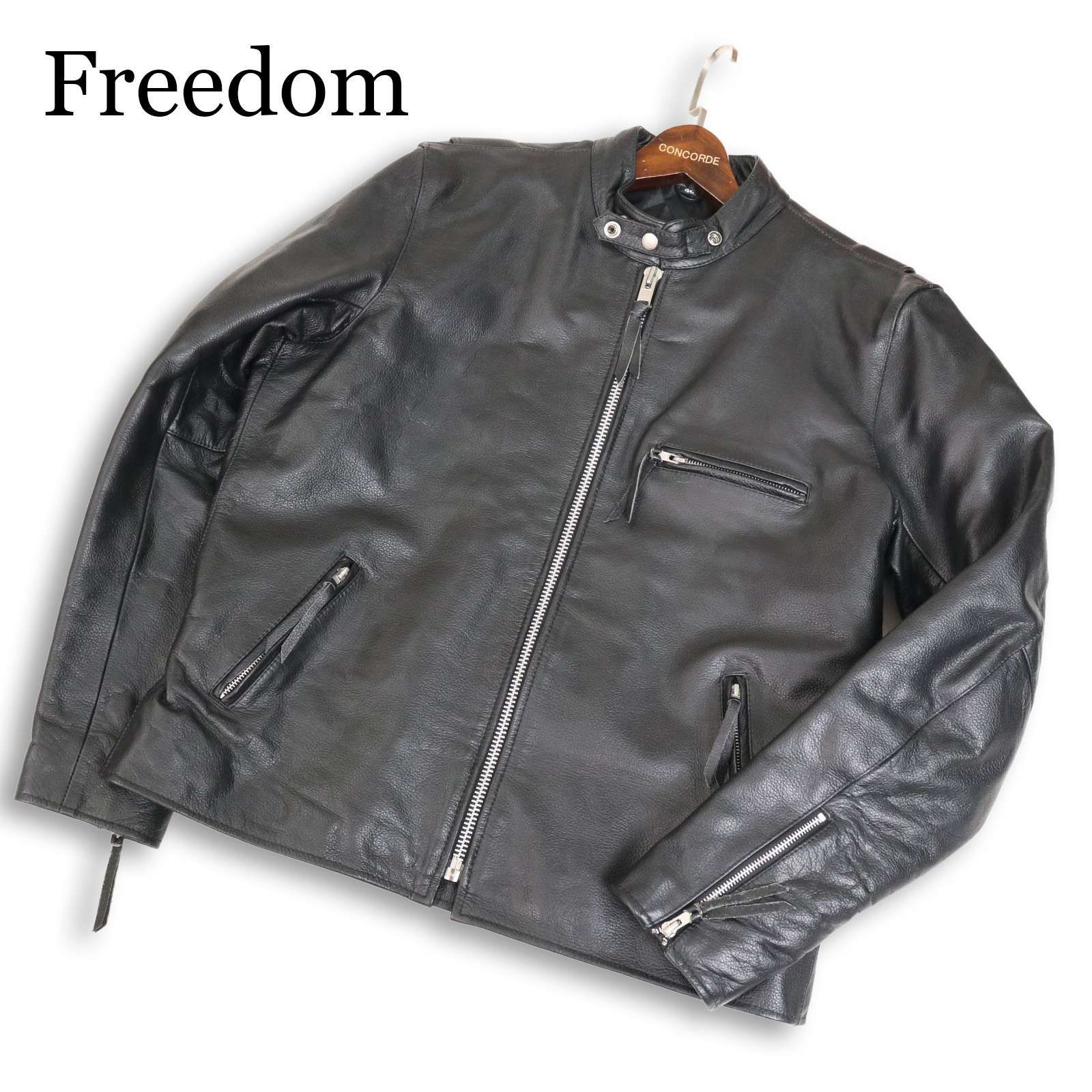 freedom フリーダムブラックレザー シングルライダースジャケット水牛革　L freedom フリーダムブラックレザー シングルライダースジャケット水牛革 L