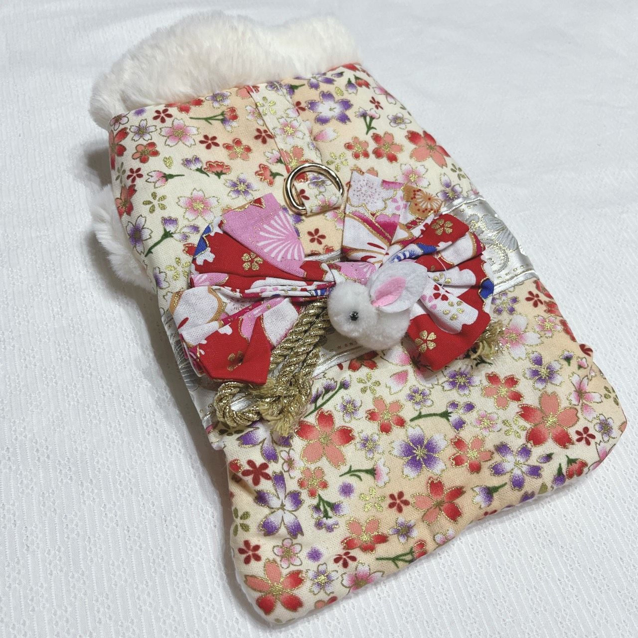 〇 和柄リボン×うさぎ飾り付き 犬服 着物風 小花柄 花柄 桜 ドッグ