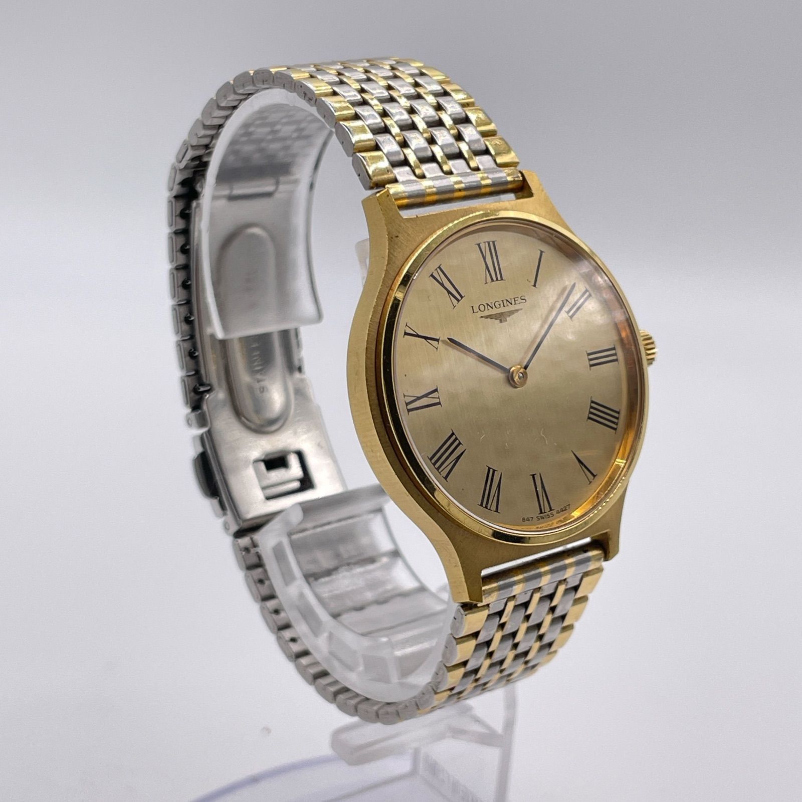 Longines Watch Hand-Winding Men's Round Gold Silver Combi Gold