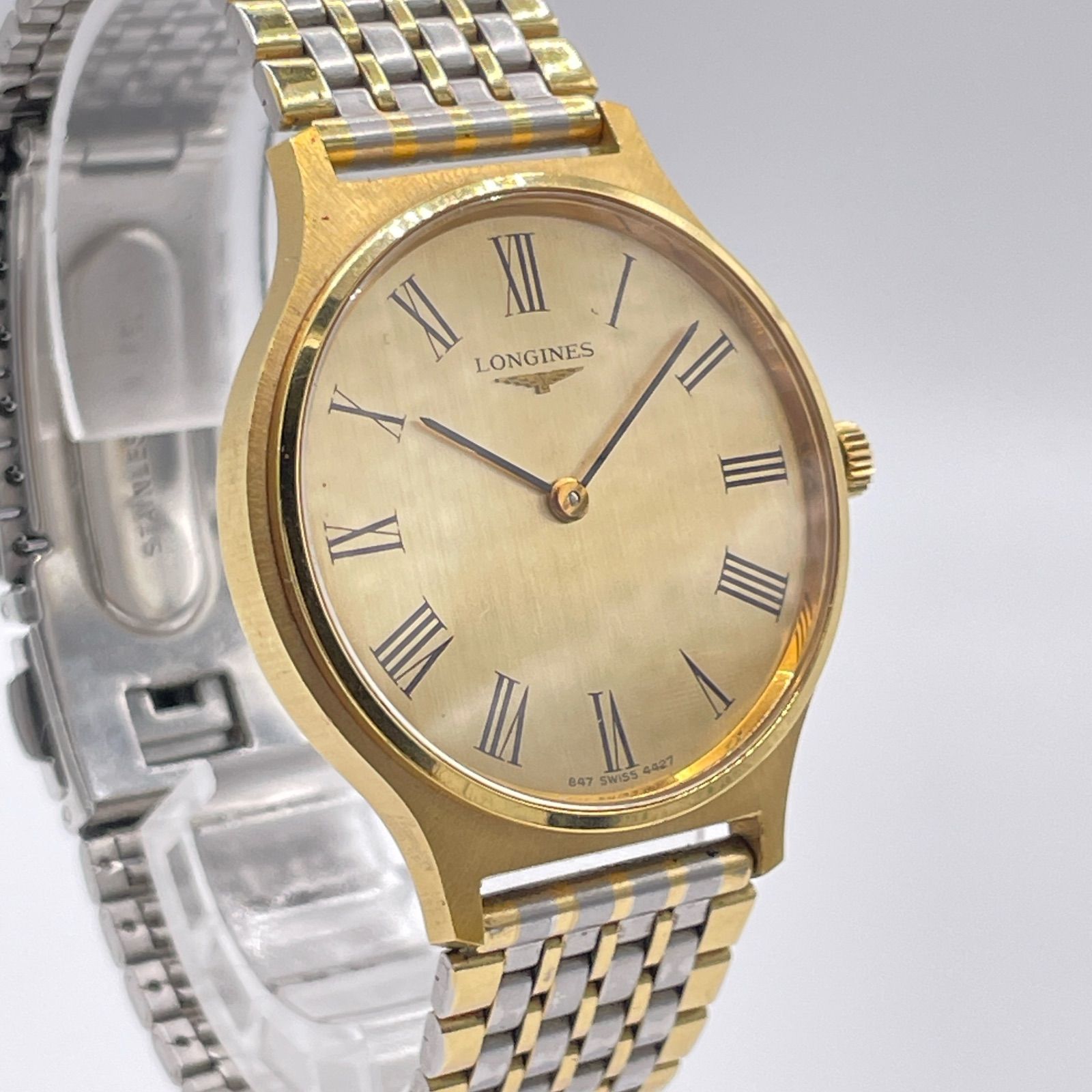 Longines Watch Hand-Winding Men's Round Gold Silver Combi Gold