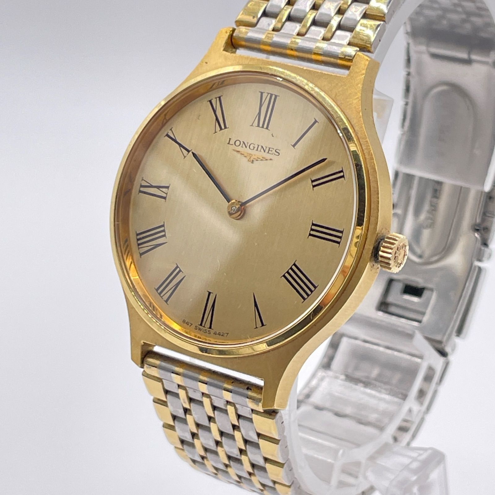 Longines Watch Hand-Winding Men's Round Gold Silver Combi Gold