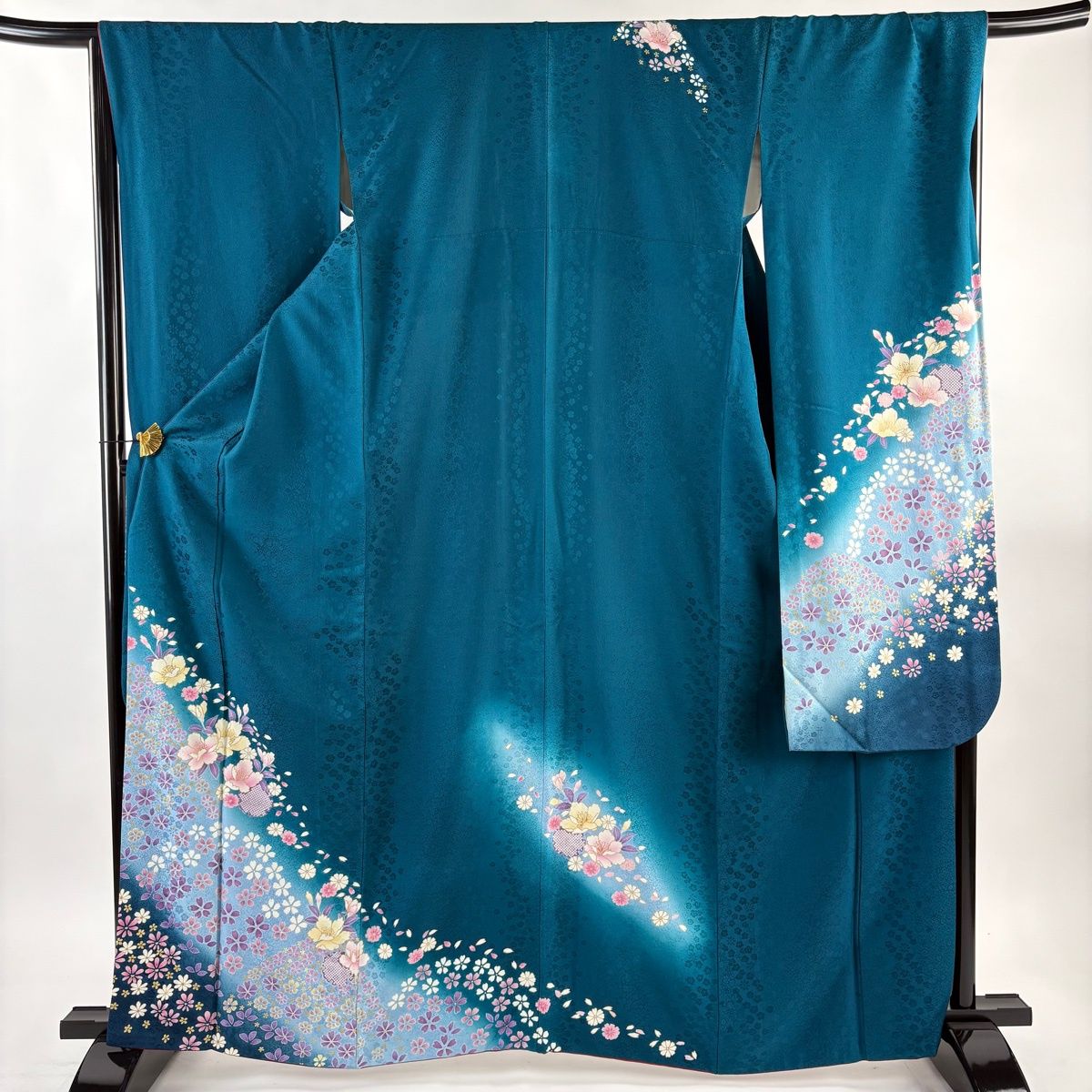 美品】 振袖 身丈164cm 裄丈68cm L 袷 桜 雪輪 金彩 ぼかし 青緑 正絹